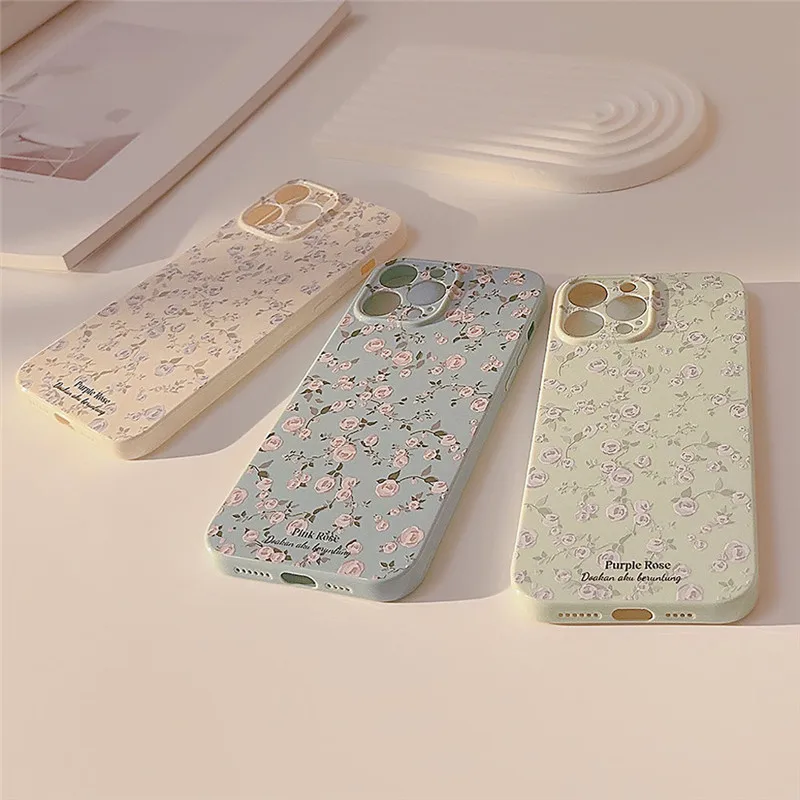 Ottwn Korean Retro Flowers Phone Case For iPhone 14 13 12 11 Pro Max 14 Luxury Floral Soft Silicone Shockproof Bumper Back Cover