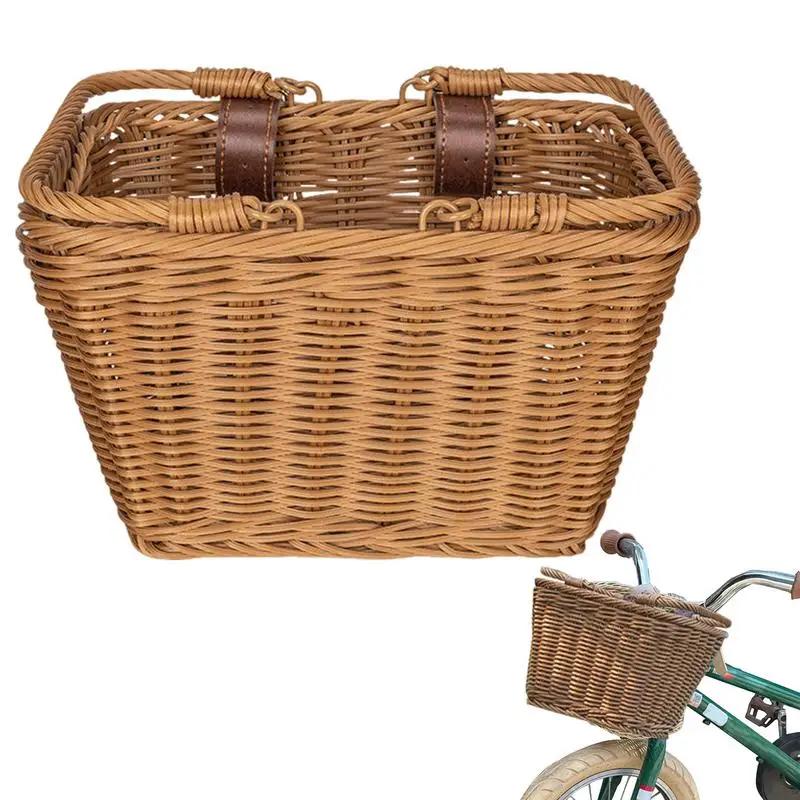 Girls Handlebar Basket Kid's Front Handlebar Cycle Basket Waterproof Handmade Wicker Cycle Baskets With Adjustable PU Belts For