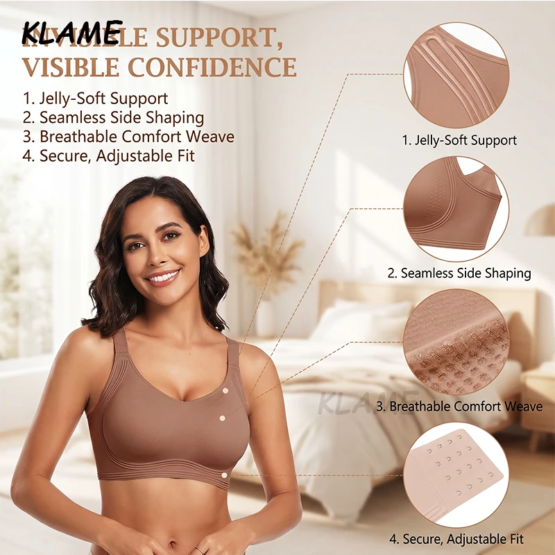 KLAME S-4XL Women's Thin Cup Soft Support Jelly Seamless Wire-free Push-up Adjustable Full Cup Bra KLM1491