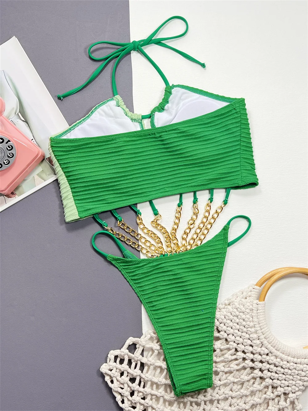 Metal Chains String Extrem Monokini Green Bikini Swimsuit Halter Hollow Out Trikini Women Rib Swimwear Beach Outfit Bathing Suit