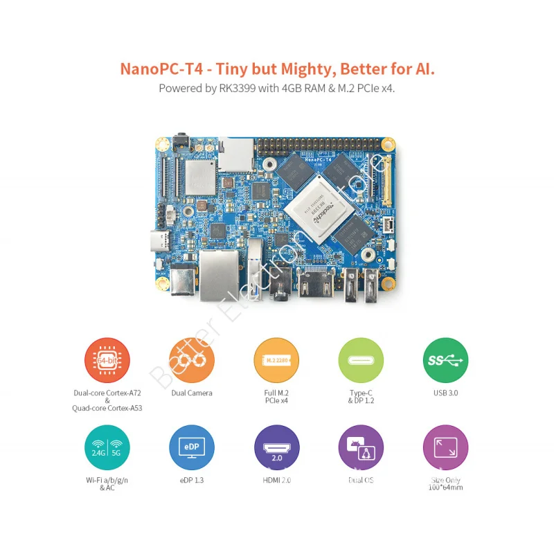 Плата разработки NanoPC-T4 - RK3399 с двухдиапазонным WiFi, поддержкой двух камер и 4GB ОЗУ (Воспроизведение 4K на Android 10)​