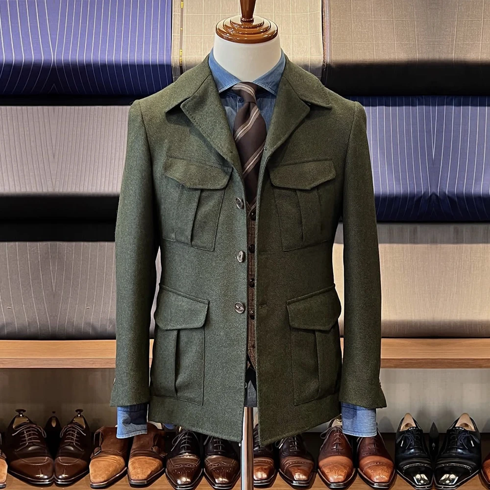 

Herringbone Man Suit Jackets Customized Safari Style Single Breasted Blazers Outfit Business Party Coat Plus Size Groom Tuxedos