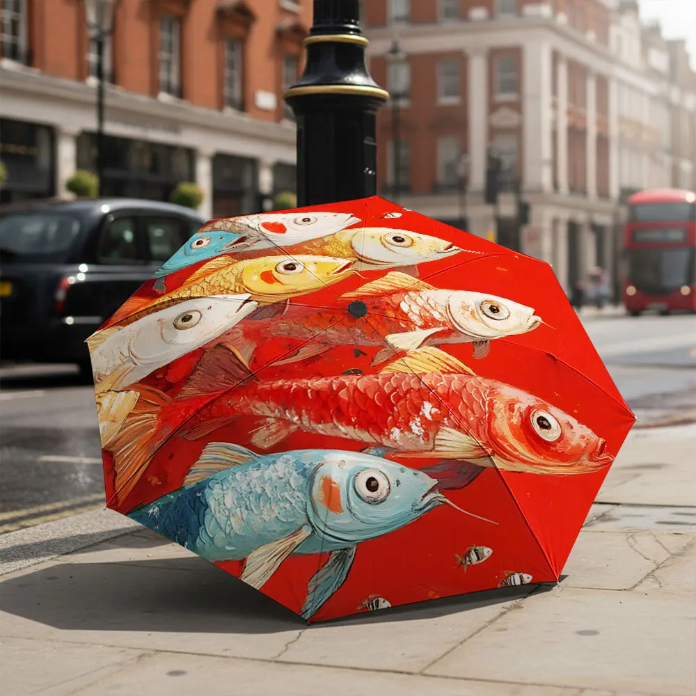 1P C Colorful Fish-Themed Umbrella with Artistic Design Print 8 Iron Ribs Folding Umbrella Auto-Open Fashion Sunshade