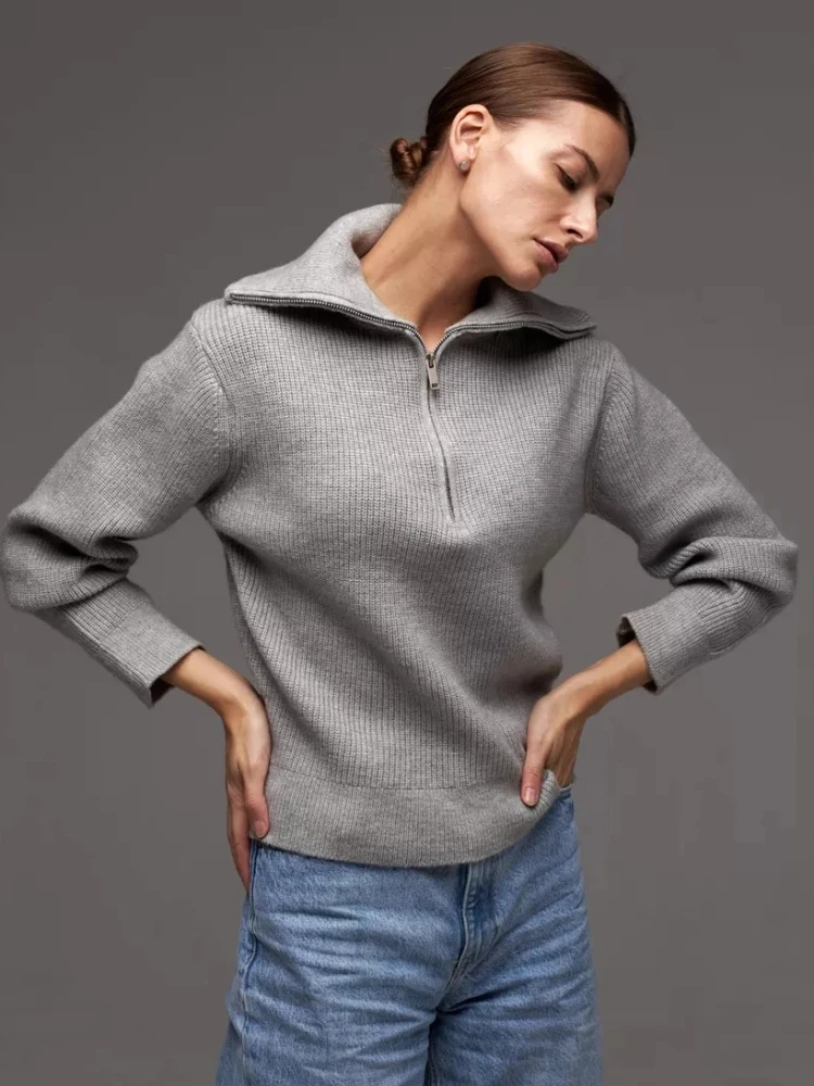 Zipper Knitted Sweaters for Women Autumn Winter New Thicken Warm Jumpers Casual Simple Solid Color Women's Oversized Pullovers