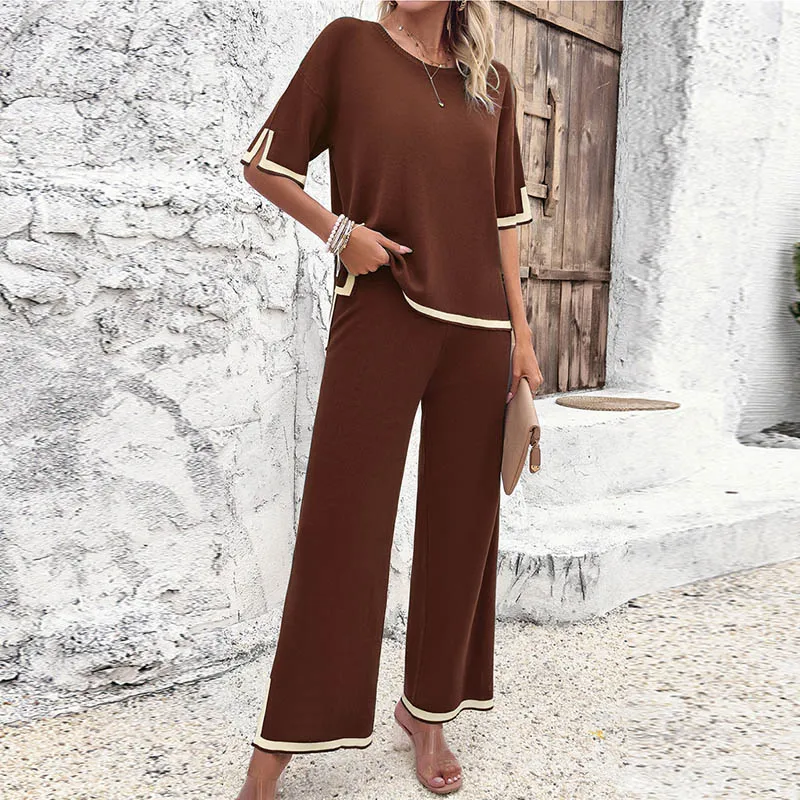 Autumn Solid Color Knitted 2pcs set women casual Short Sleeve Pullover top and Wide Leg Pants tracksuit set Lady fashion outfits