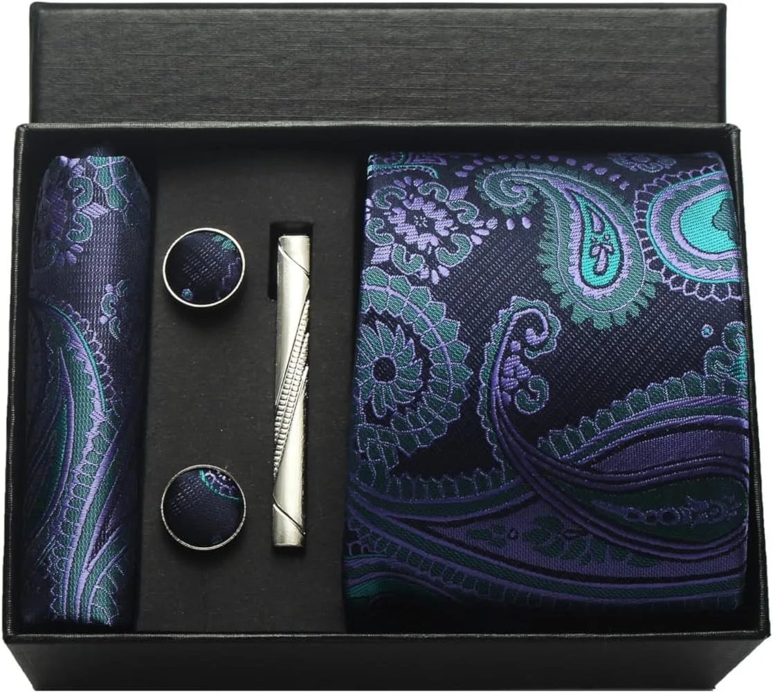 100 % Seidenkrawatte, Paisley-Blumenmuster, Herrenkrawatte, hochwertige Business-Krawatte, Einstecktuch, Krawattenklammer, Manschettenknöpfe-Set, klassisch, für Männer, Geschenkbox