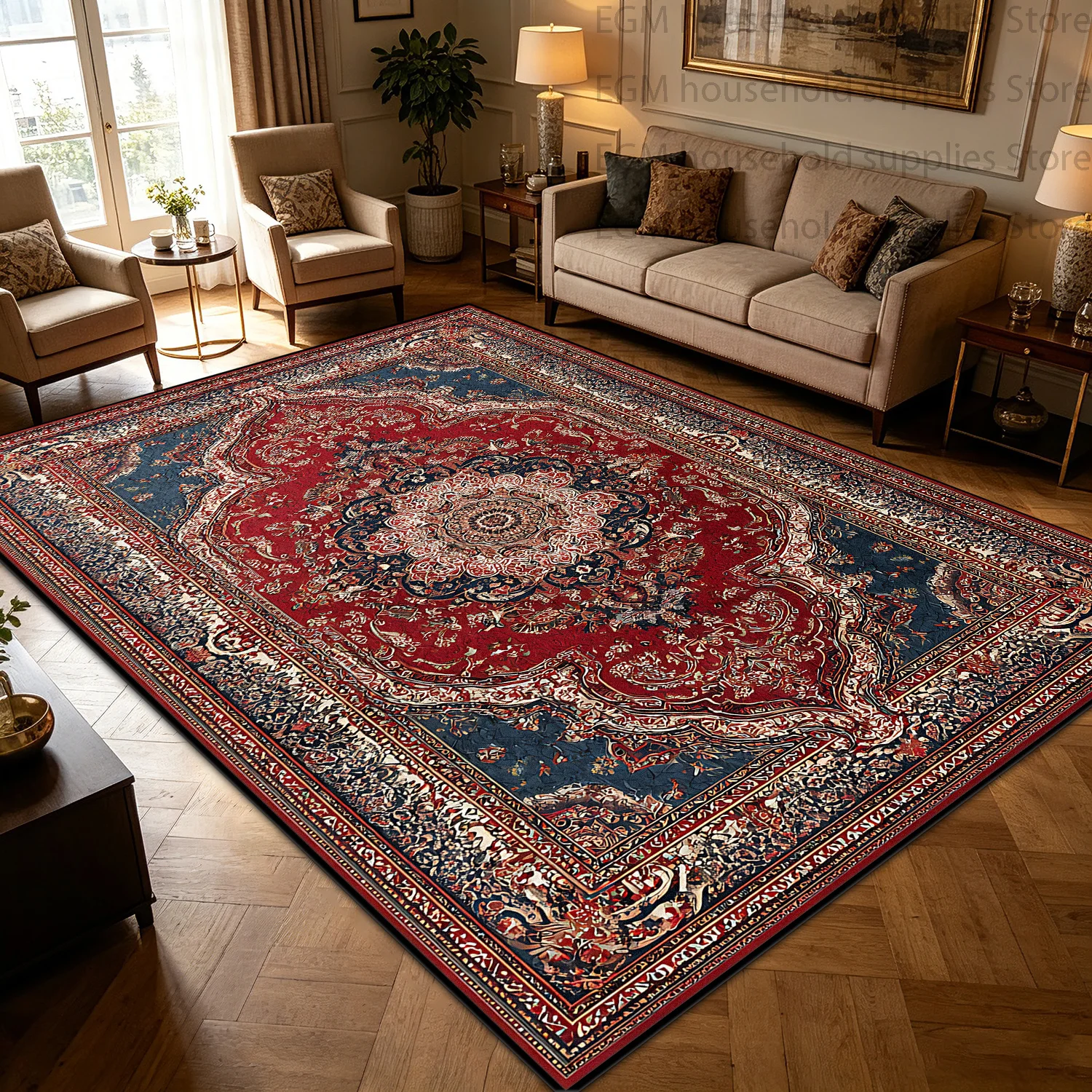 Red Blue Vintage Persian Floral Medallion Carpet Living Room Table Large Rug Soft Non-slip Washable Bedroom Lounge Floor Mats