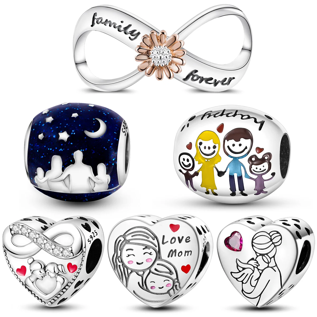 Mother's Gift  Heart Silver Charms Beads Fit Original Bracelet Bag Keychain Earring Charm Bead Pendant Diy Women Jewelry Gift