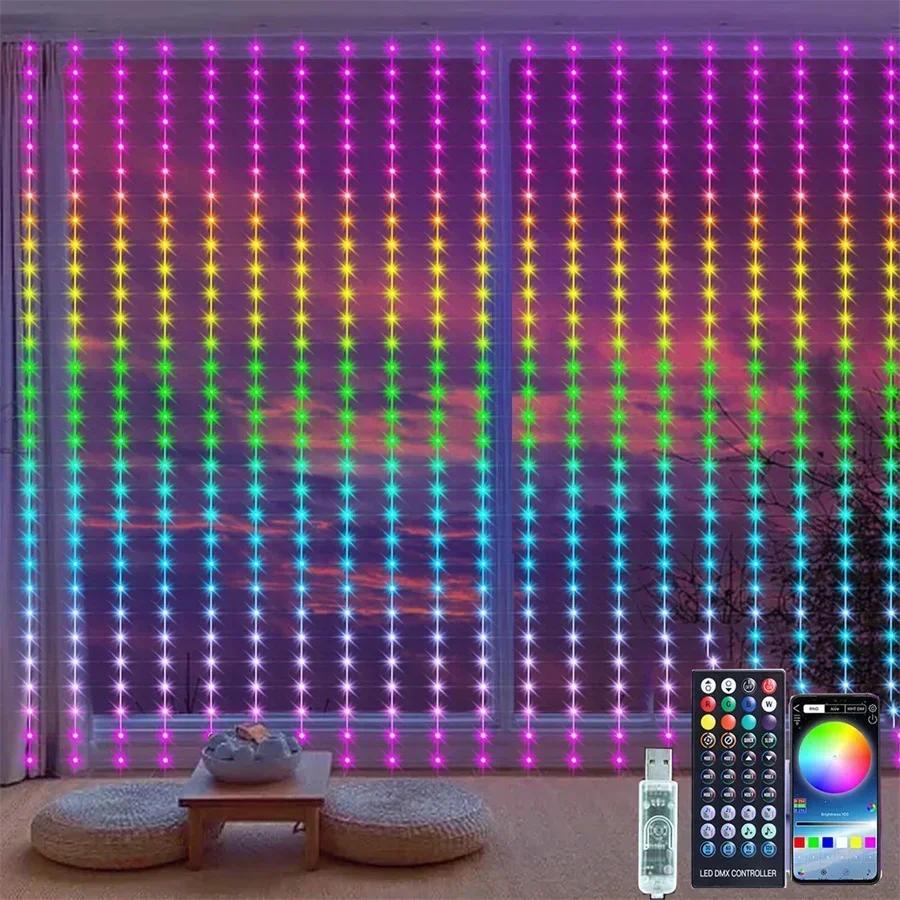 Smart LED Curtain Light 3X2M 3x3M Color Changing App Fairy Light Garland Christmas String Light For Wall Window Backdrop Decor