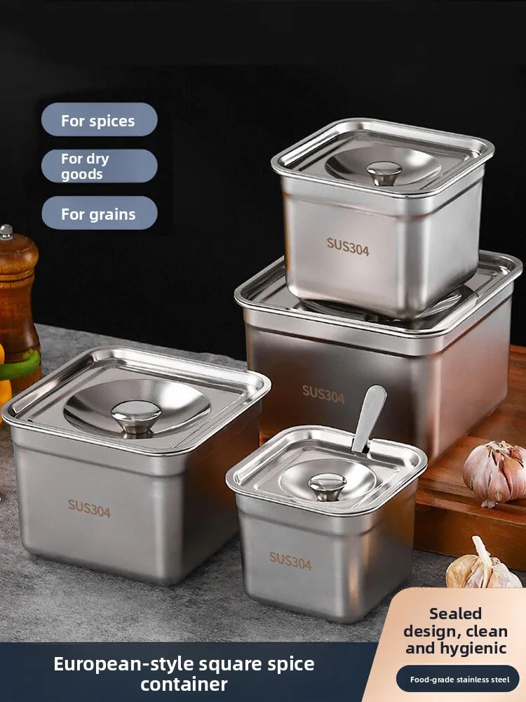 Caja cuadrada de condimentos de acero inoxidable 304, aceite de manteca de cerdo, contenedor de aceite de pimienta roja con tapa para uso doméstico y comercial, cocina...