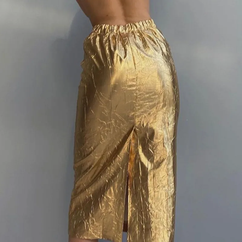 EAEOVNI 2026 printemps nouvelle jupe femme plis conception couleur unie fendu élégant jupe longue vêtements de sport