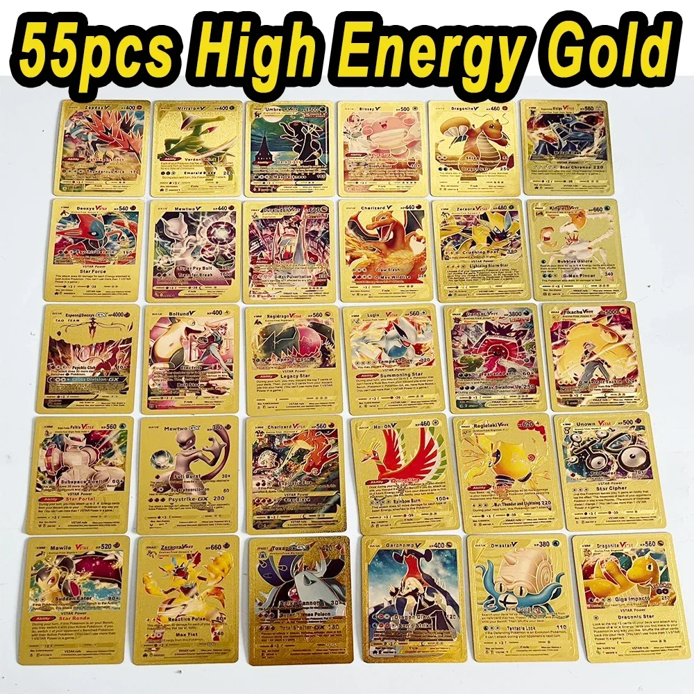 Pokemon 55pcs Game Cards English Spanish French German Pikachu Card Set Gold Silver Black Game Collector Tabletop Battle Cards