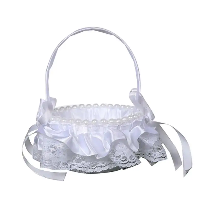 31BB Flower Girl Basket White Small Satin Baskets with Lace for Wedding Ceremony