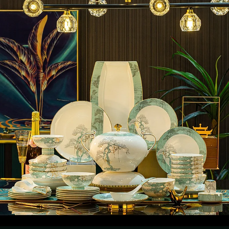 DZ-12 Bone China Tableware Set, Jingdezhen Ceramic Bowl and Chopsticks Combination Full Set of Light Luxury Gift Sets