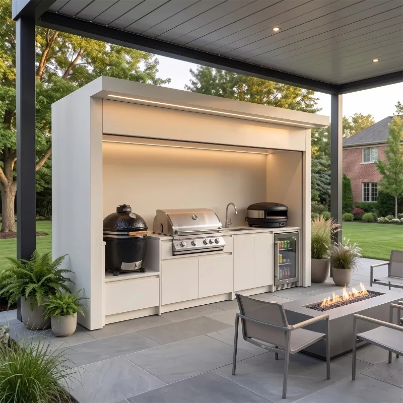 Cool Tone Fireproof Outdoor Barbecue Kitchen, Stainless Steel Patio Cooking Station With Roller Shutter & Protective Canopy