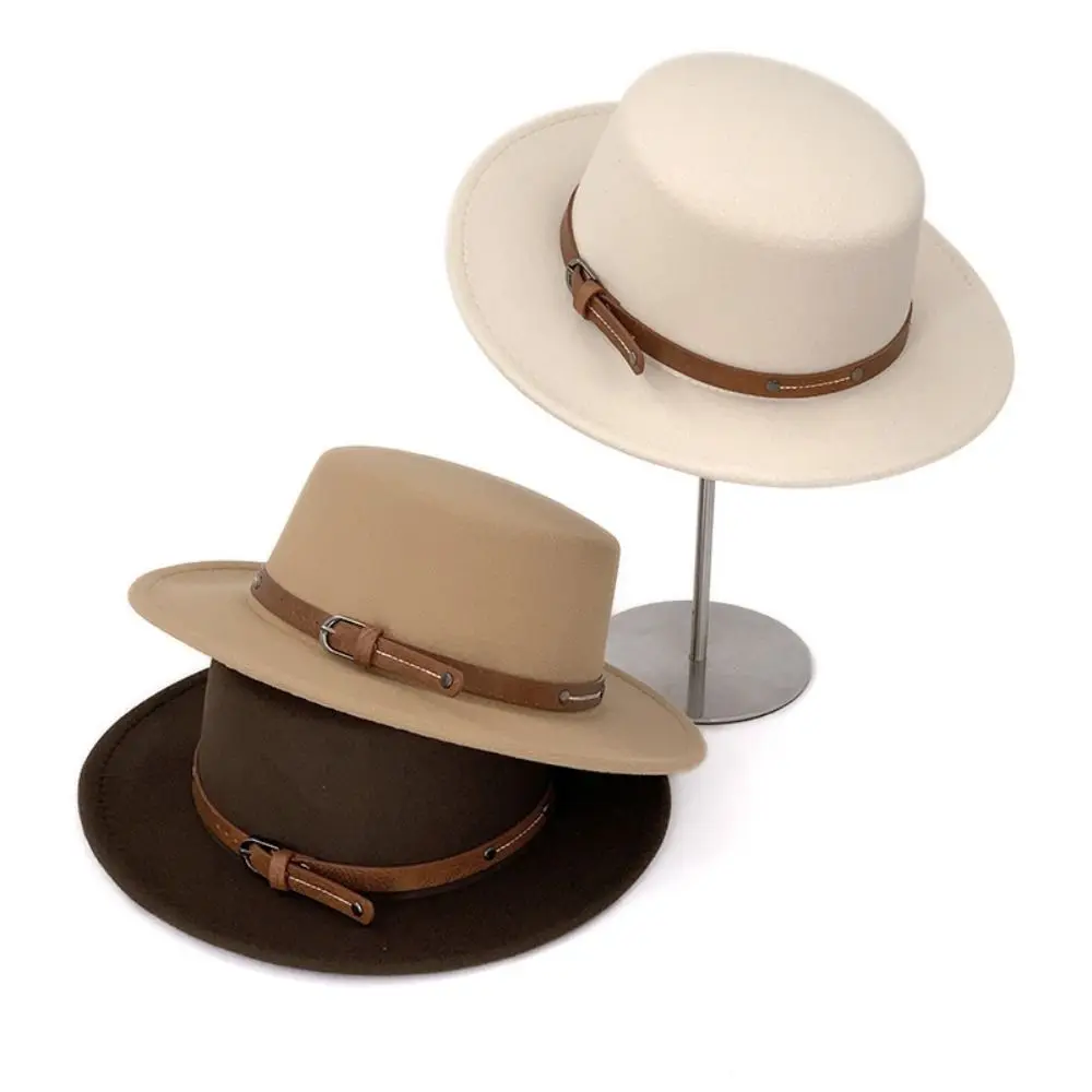 

All-match Elegant Woolen Flat Top Hat Belt Buckle Wide Brim Felt Hat British Style Solid Color Women Jazz Hat Church Events