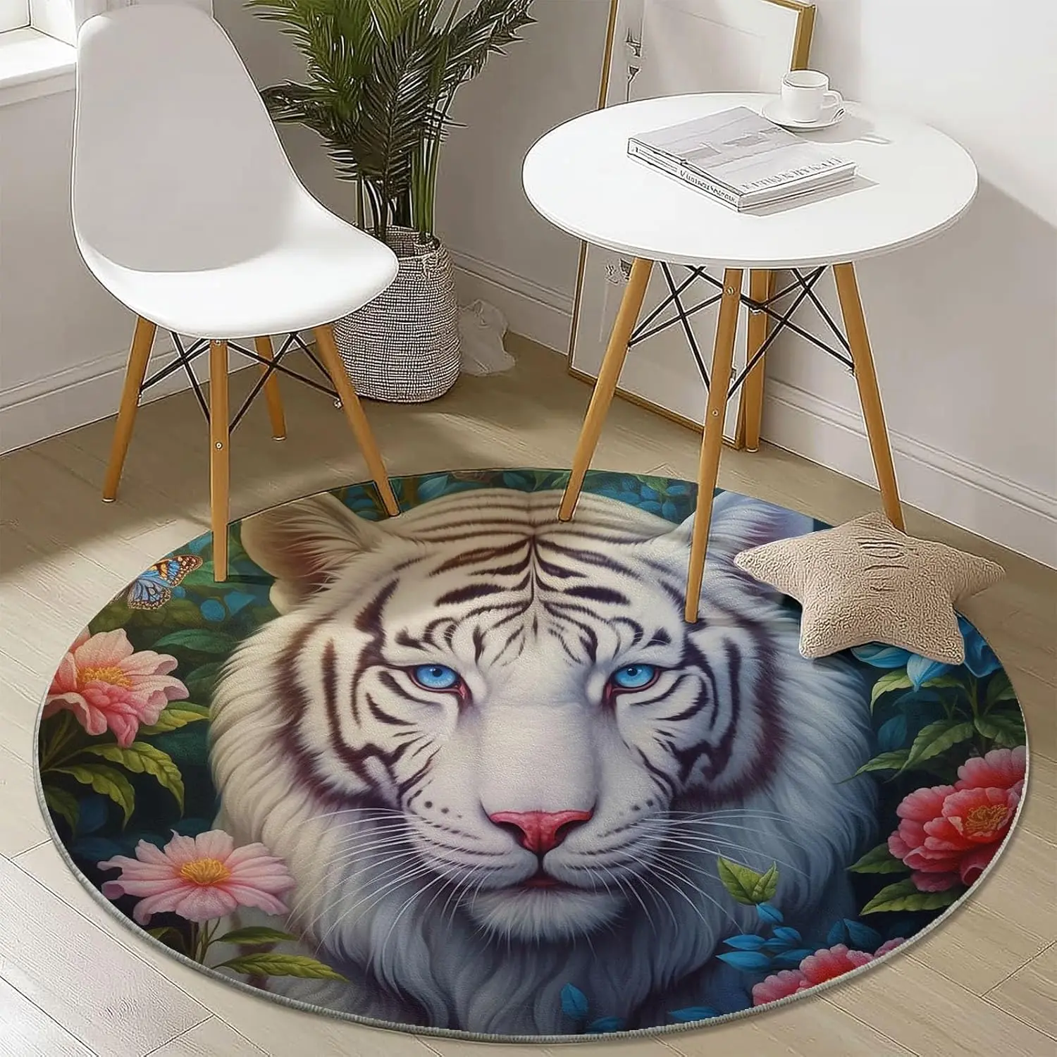 

Washable Fantasy Style Cartoon Animal Wolf Moon Circle Rug for Girls Bedroom,Soft Non-Slip Nursery Circular Carpet,Non-Shedding