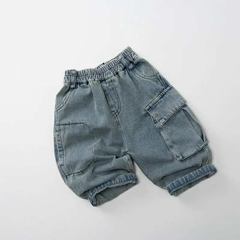 2025 Autumn New Children Loose Denim Trousers Solid Baby Girls Casual Pants Fashion Jeans Boys Pocket Cargo Pants Kids Clothes