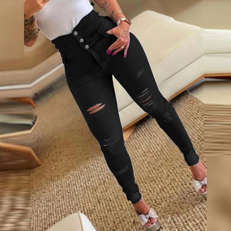 New Autumn Fashion High Waist Button Slim Fit Long Pants Casual Pockets Tight Ripped Pants Elegant Women's Commuting Hole Jeans