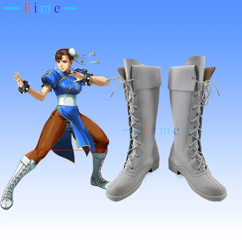 Chun Li Cosplay Shoes White Boots Big Size Custom Made Halloween Carnival PU Leather Shoes