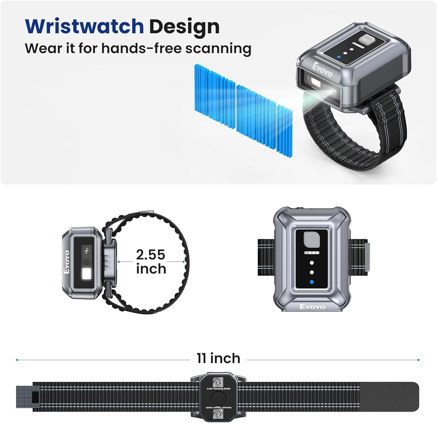 Eyoyo Wristband Wearable Barcode Scanner Hands-Free Fast 1D 2D Code Scanning Portable Mini Bluetooth Wireless USB QR Code Reader
