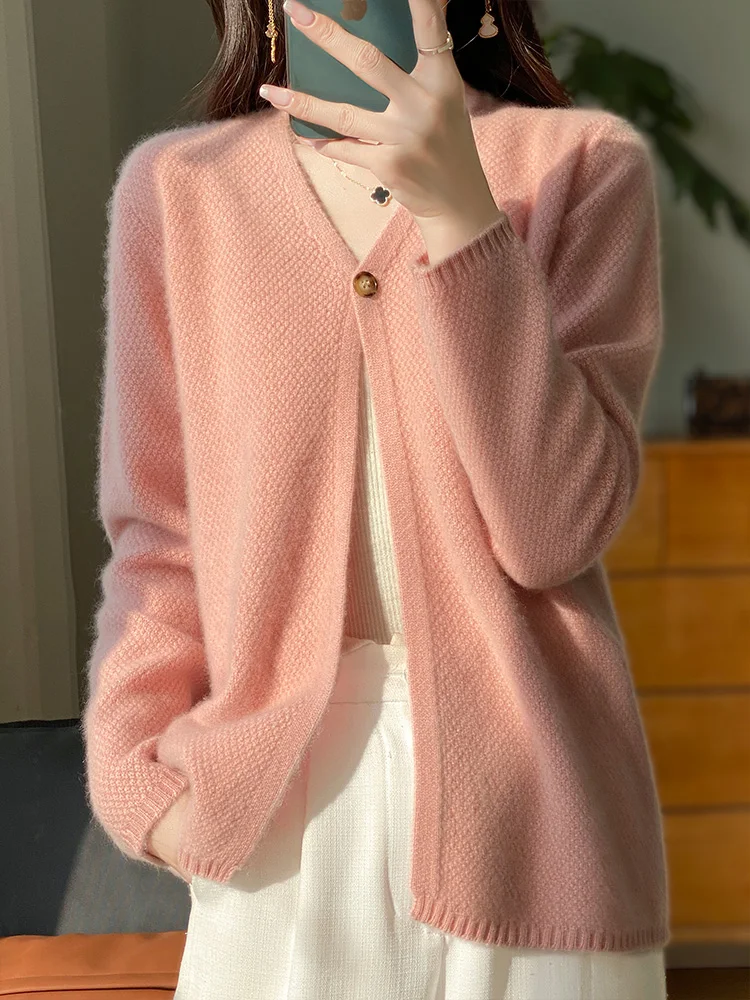 CHICUU Spring Autumn Women Cashmere Sweater V-neck Cardigan Basic Simple Style Clothing 100% Merino Wool Knitwear Korean Tops