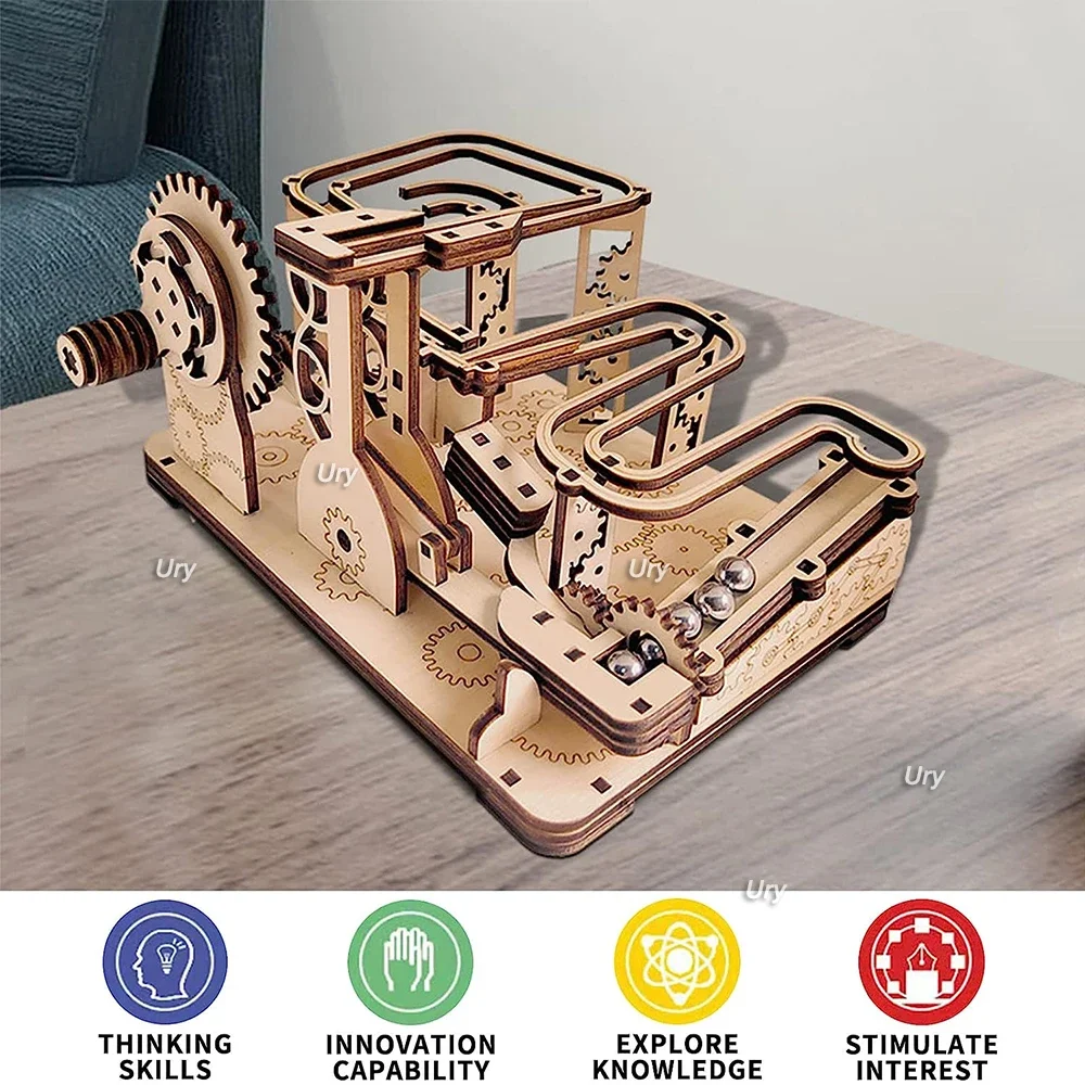 Ury 3D drewniane puzzle katapultowe urządzenie do biegania z marmuru zestaw mechaniczny ręczny Model do montażu piłki do labiryntu zabawka prezent