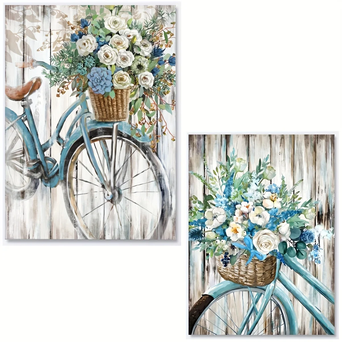 1pc Blue Retro Bike Canvas Poster,Decor Wall Art Rural Style Flower Basket Artwork For Farmhouse Dining Room,Bedroom,No Frame