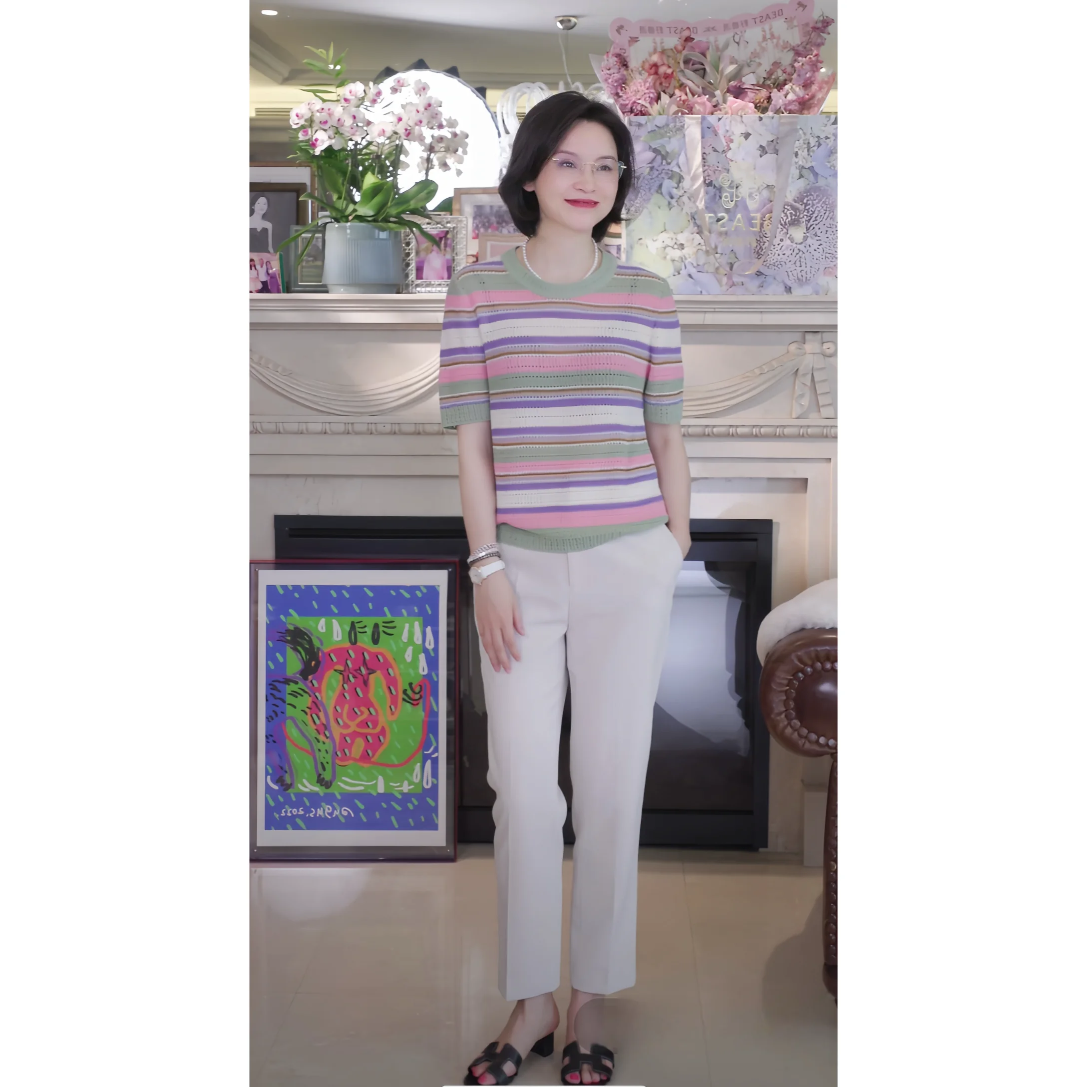 

РуйенКо. Вязаный топ Rainbow Island Spring Summer с вырезами, в полоску, свободного кроя, с круглым вырезом и короткими рукавами, женская рубашка