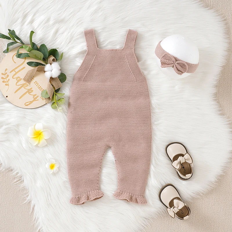 Baby Romper Headwear Fashion Solid Infant Sling Clothes Set Knitted Ruffles 0-18M Overalls Newborn Girl Jumpsuit Sleeveless 2PCS