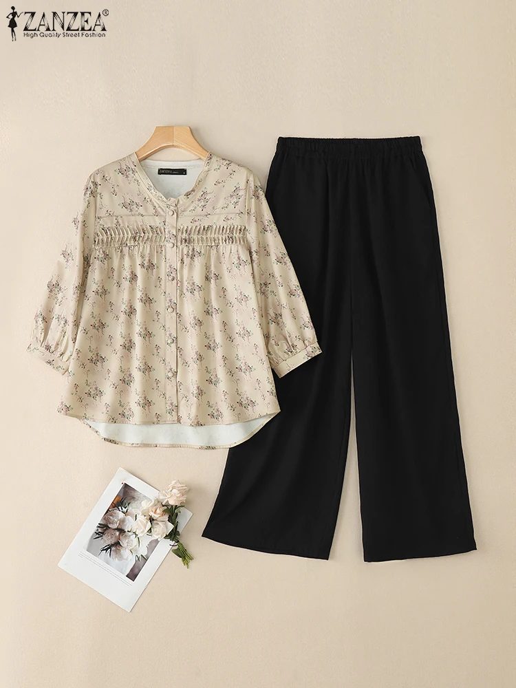 

ZANZEA 2025 Women Pant Sets Autumn 3/4 Sleeve Floral Print Shirts and Elastic Waist Long Pants Casual 2 piece Outfits Oversized