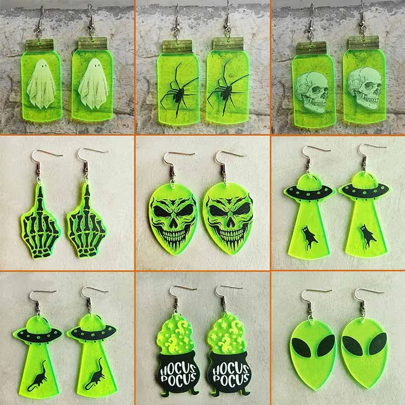 New Terror Halloween Ghost Earrings Skull Alien UFO Witch Terror Spider Bottle Skull Fluorescent Acrylic Ear Ring Gift Wholesale