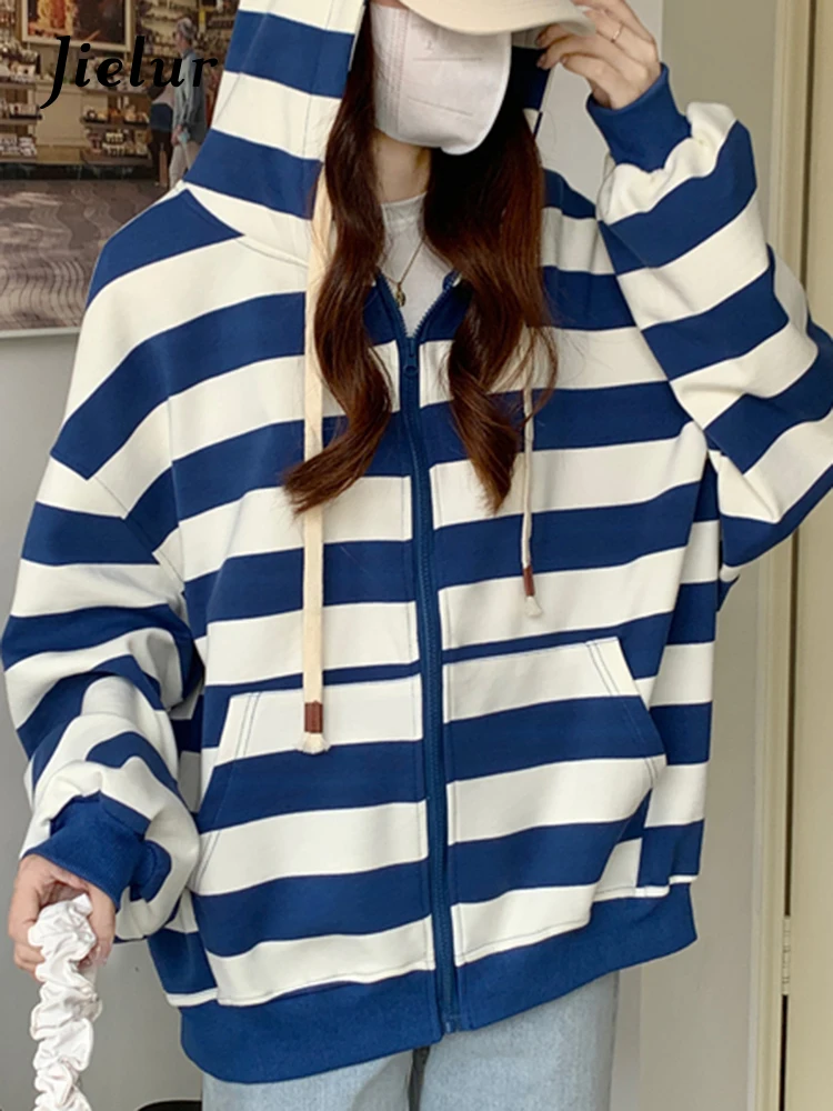 Jielur New Korean Style Zipper Striped Female Hoodies Autumn Loose Casual Drawstring Streetwear Long Sleeve Women Sweatshirts