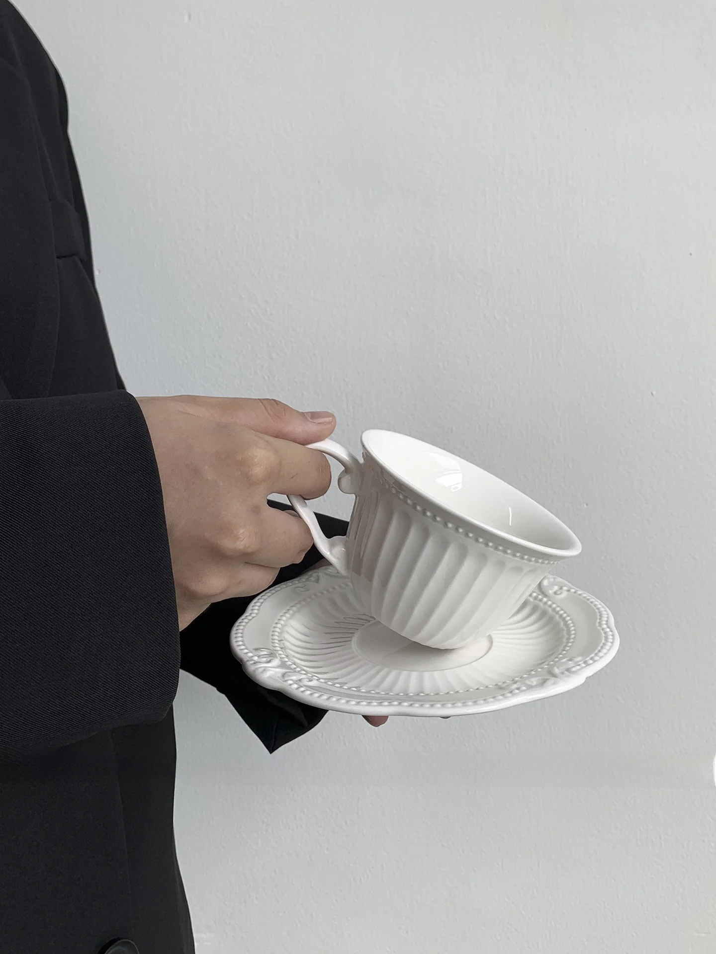 Orange Ceramic Coffee Cup And Plate Set Vertical Stripe Afternoon Tea Water Cup Gift Small Crowd Cup with Single Ear Handle