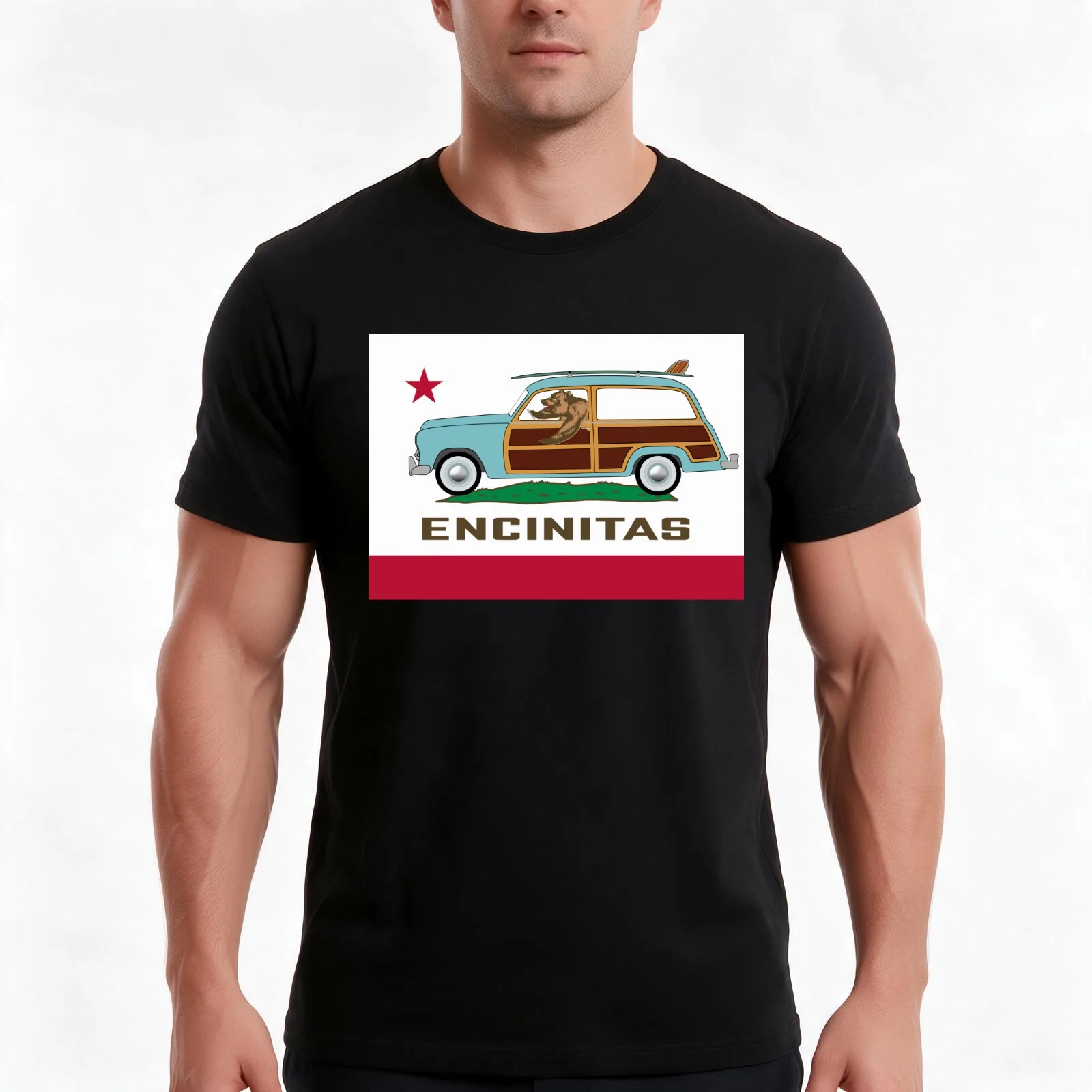 Encinitas California State Woodie Flag T-Shirt, Summer Casual Cotton Tee, Oversized Streetwear Tops, Vintage Graphic Print