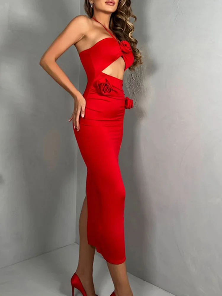 BWQ 3D 플로럴 섹시 홀터 컷아웃 미디 바디콘 드레스 2025 패션 백리스 여성 튜브 클럽 파티 여름 드레스 레드 Y2K 베스티도스