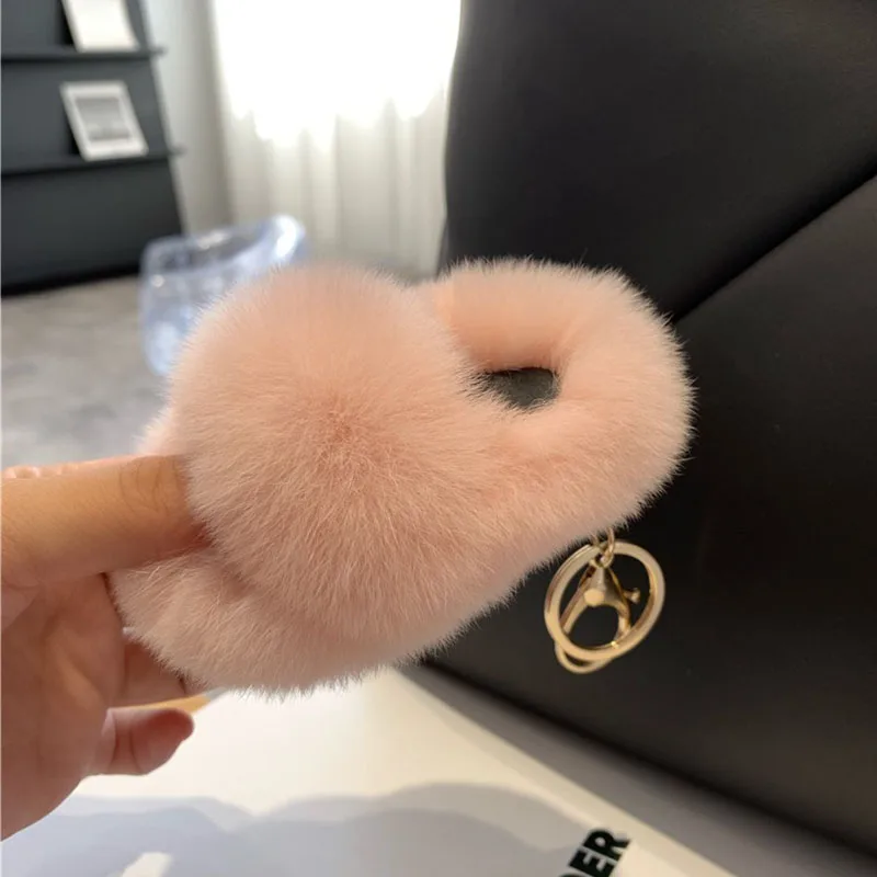 Creative Hot-Selling Rex Rabbit Fur Ball Small Slippers Pendant Key Ring Girl Bag Pendant Car Key Chain Good Birthday Gift