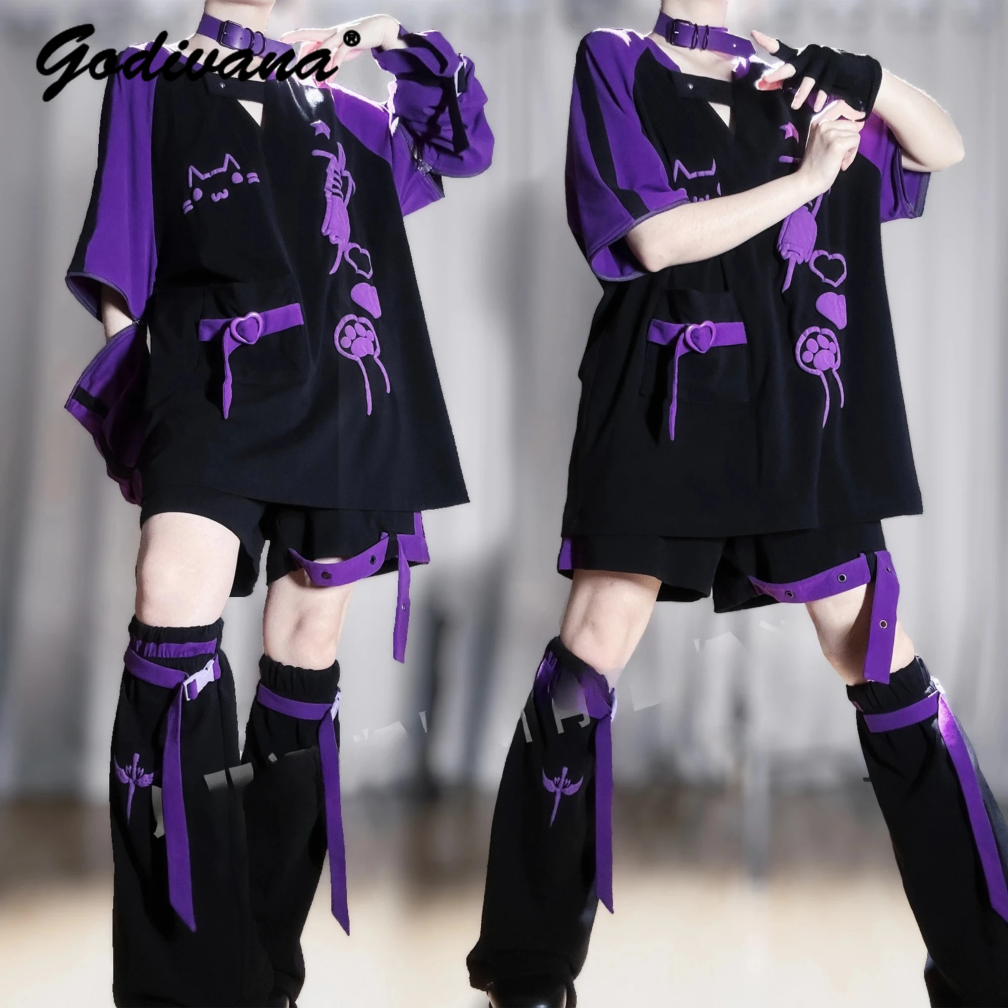 オリジナル日本鉱山ジッパー取り外し可能なスリーブ Tシャツショーツセット新しい夏の女性のサブカルチャーゴストップとショーツセット衣装