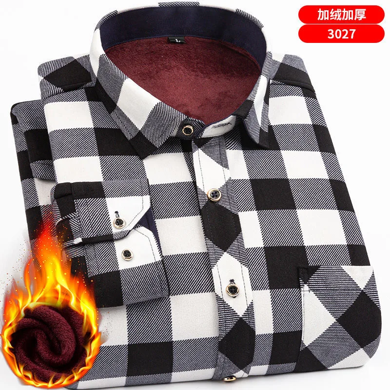 2022 Autumn and Winter New Men\'s Classic Fashion Wild Plaid Long-Sleeved Shirt Men\'s Plus Velvet Thick Warm Large Size Shirt