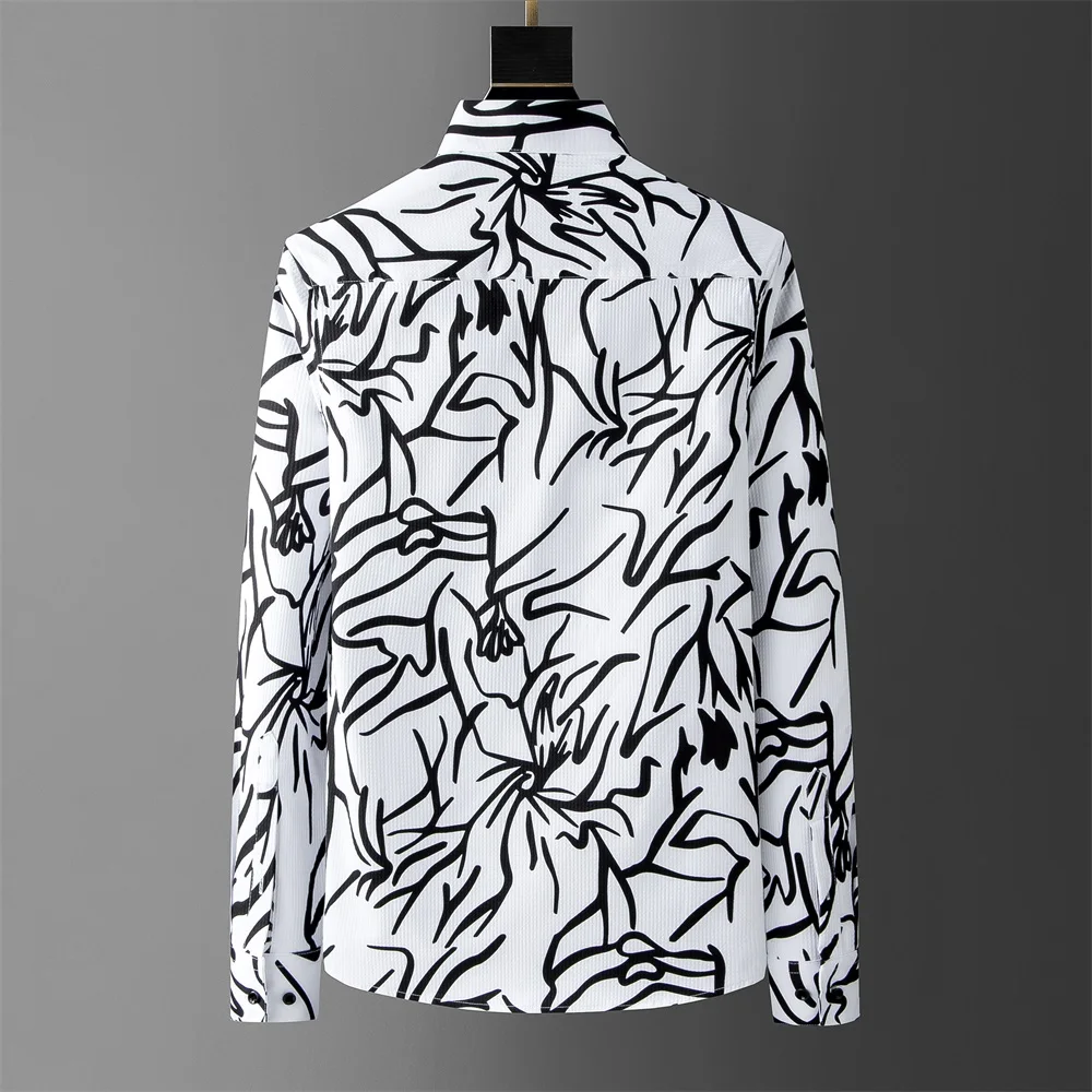 2025 الفن المطبوعة قميص رجالي الصيف موضة فضفاضة قميص غير رسمي كم طويل الأعمال مكتب الاجتماعية قميص الشارع الشهير الرجال الملابس
