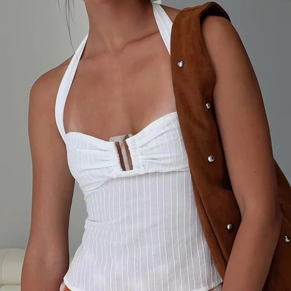 

2025 Chic Pink Pleated Sleeveless Tops Fashion Lace Up Off Shoulder Slim Fit Halter Vest New Women's Summer Vacation Party Top