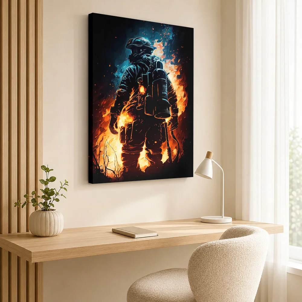Firefighter Blue Flame Portrait Wood Framed Canvas Print Personalized Photo Dramatic Action Detail Wall Art For Fire Station