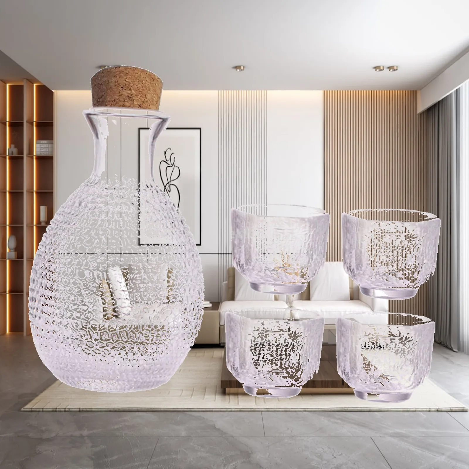 Botella de Sake de Vidrio y Cuatro Tazas, Juego de Sake de Diseño Novedoso para Uso Doméstico o para Regalo
