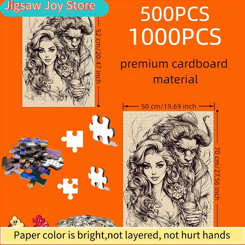 Puzzle 500 elementów Disney, papierowe puzzle DIY z piękną kobietą i Bestią, romantyczna ręcznie rysowana ilustracja, gruby biały karton.