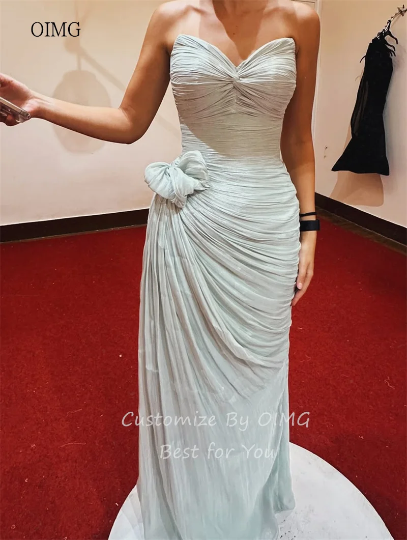 OIMG – robe de bal de forme sirène, vert clair, sans bretelles, dos nu, avec nœud plissé, longueur au sol, personnalisée