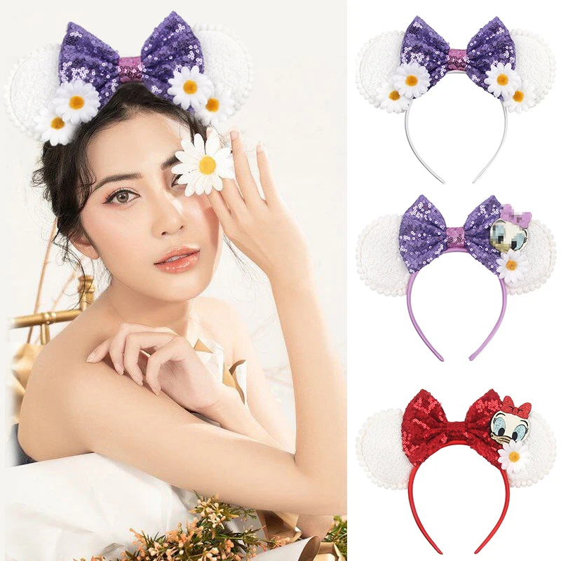 

1 шт., повязка на голову с изображением утки Диснея, элегантная милая повязка на голову с цветочными блестками и бантом для дня рождения, идеально подходит для девочек, подарок, аксессуары для волос