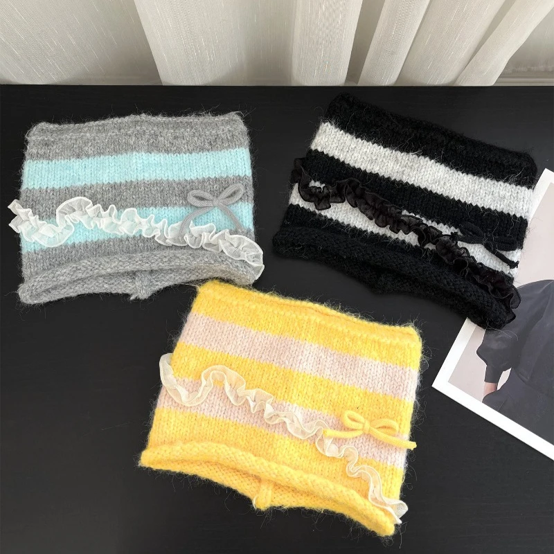 Koreanische Ins Süße Strickmütze mit Katzenohren und gestreiftem Spitzenrand für Damen, Herbst/Winter, Y2K, warme und modische Skull-Beanie-Mützen – Detail 5