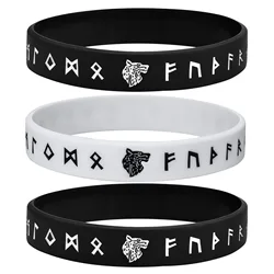 Mprainbow 1/2/3/4 Pcs Mens Wolf Bracelet, Black/White Norse Viking Runes Soft Silicone Rubber Band Wristband Bangle,Comfort Fit