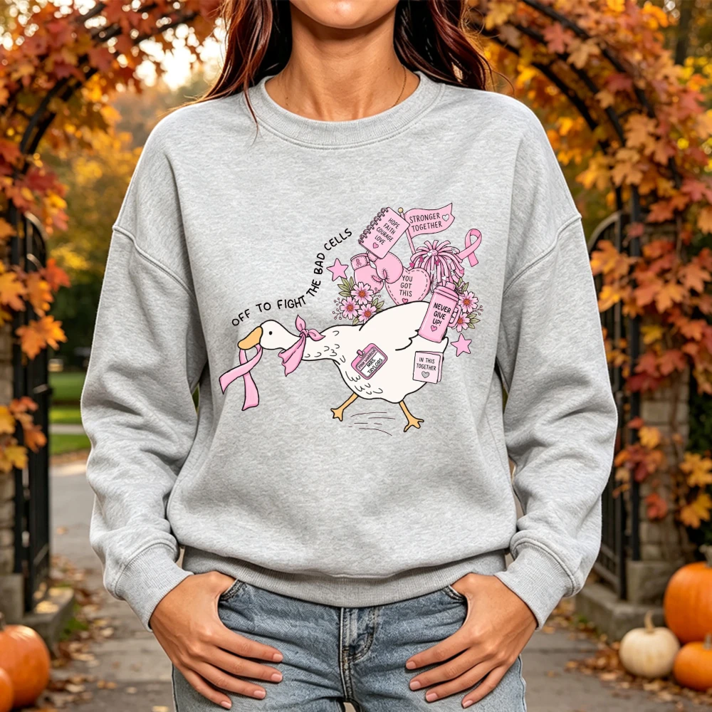 Off To Fight The Bad Cells Goose Cartoon Print Women Sweatshirt Breast Cancer Support Theme Casual Long Sleeve Fashion Blouse
