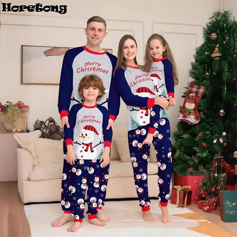 Neujahrs kostüme Cartoon Schneemann drucken Weihnachten Eltern-Kind passende Pyjamas Set 2 Stück Nachtwäsche Weihnachten Familien look pjs